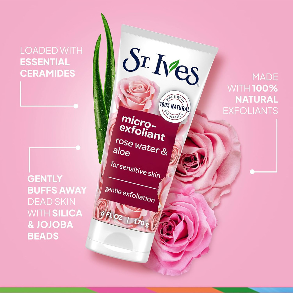 St. Ives Gentle Smoothing Face Scrub, Rose Water & Aloe Vera Exfoliator, Facial Scrub Made With 100% Natural Exfoliants, Paraben Free, Oil-Free, Dermatologist Tested 6 Oz, 6 Pack