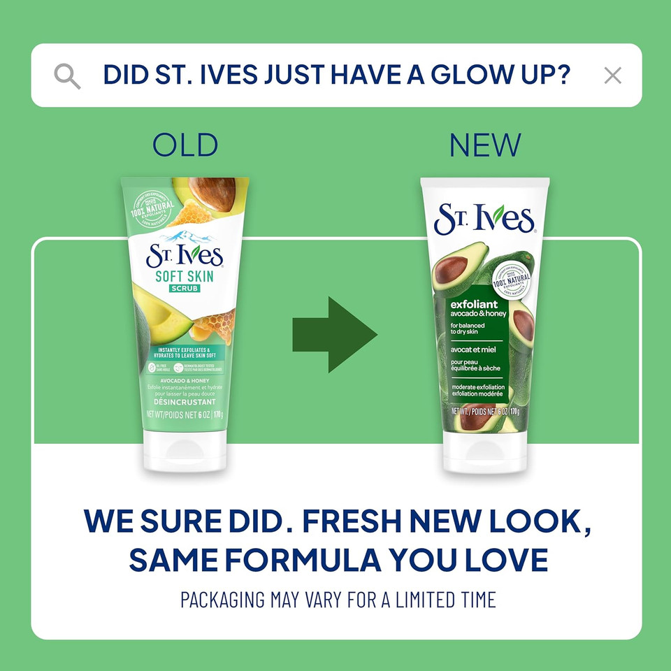 St. Ives Soft Skin Face Scrub, Avocado & Honey Moderate Exfoliator For Soft, Smooth Skin, Oil-Free Facial Scrub Made With 100% Natural Exfoliants, 6 Oz, 6 Pack