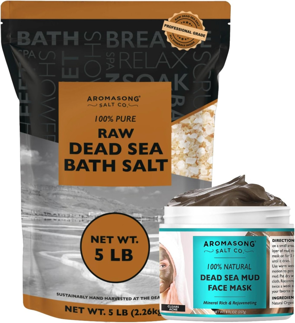 Aromasong Dead Sea Spa Bundle: 5 Lbs Raw Dead Sea Salt + 100% Pure Dead Sea Mud Mask For Detox And Relaxation