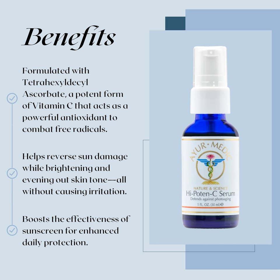 Ayur Medic Hi-Poten-C Serum Vitamin C Serum For Face, With Stable Vitamin C (Tertrahexyldecyl Ascorbate), Neossance Squalane, Vitamin E. For Dark Spots, Hydration Sun Damage, Fine Lines And Wrinkles Ayur Medic Hi-Poten-C Serum Vitamin C Serum For Face, With Stable Vitamin C (Tertrahexyldecyl Ascorbate), Neossance Squalane, Vitamin E. For Dark Spots, Hydration Sun Damage, Fine Lines And Wrinkles