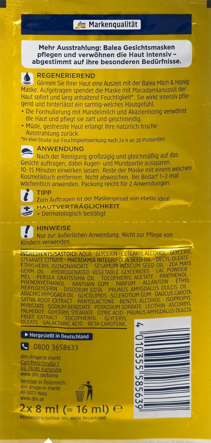 Balea Milk And Honey Mask With Instant Effect - Mask With Macadamia Nut Oil, Almond Milk And Acacia Honey 8 Pcs X 8 Ml, Germany