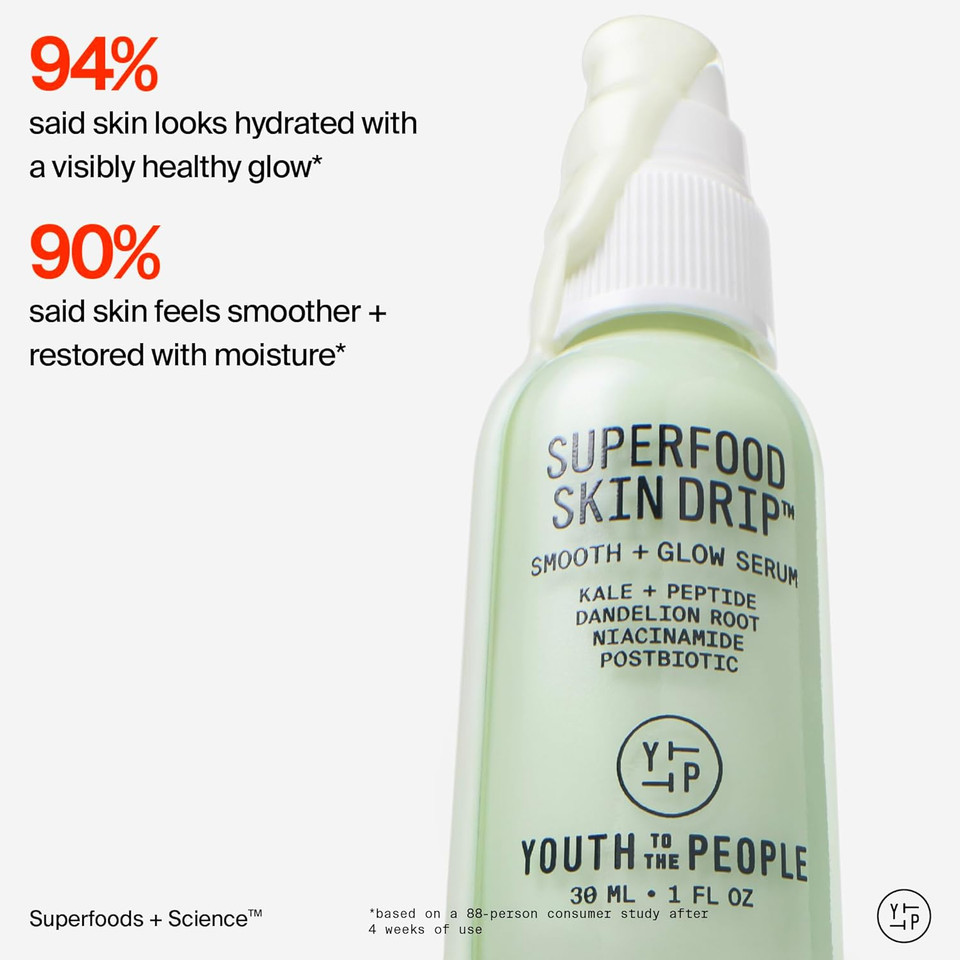 Youth To The People Superfood Skin Drip Face Serum (1 Fl Oz), Strengthens Skin Barrier + Evens Skin Tone, 5% Niacinamide, Kale, Peptides, Ceramides, Boosts Glow, Vegan