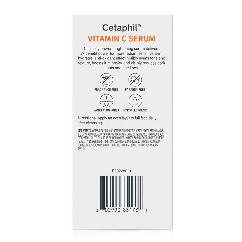 Cetaphil Vitamin C Serum, Visibly Reduces Look Of Dark Spots And Hyperpigmentation, Formulated With Niacinamide, Designed For Sensitive Skin, Fragrance Free, Dermatologist Tested, 1Oz