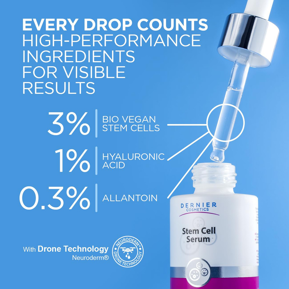 Dernier Stem Cell Serum For Face  3% Bio Vegan Stem Cells 1% Hyaluronic Acid 0.3% Allantoin | Overnight Hydrating Anti-Aging Moisturizer For Wrinkles Collagen Boost Acne Inflammation (1 Fl Oz)