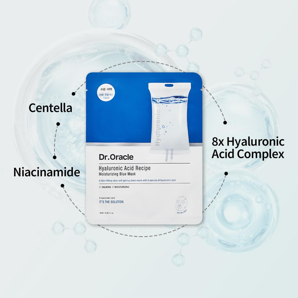 Dr. Oracle Hyaluronic Acid Recipe Moisturizing Blue Mask  Hydrating & Calming Face Mask, 8 Types Of Hyaluronic Acid, Korean Skincare For Dry Sensitive Skin, Dermatologist Tested, 10 Sheets 8.4 Fl.Oz