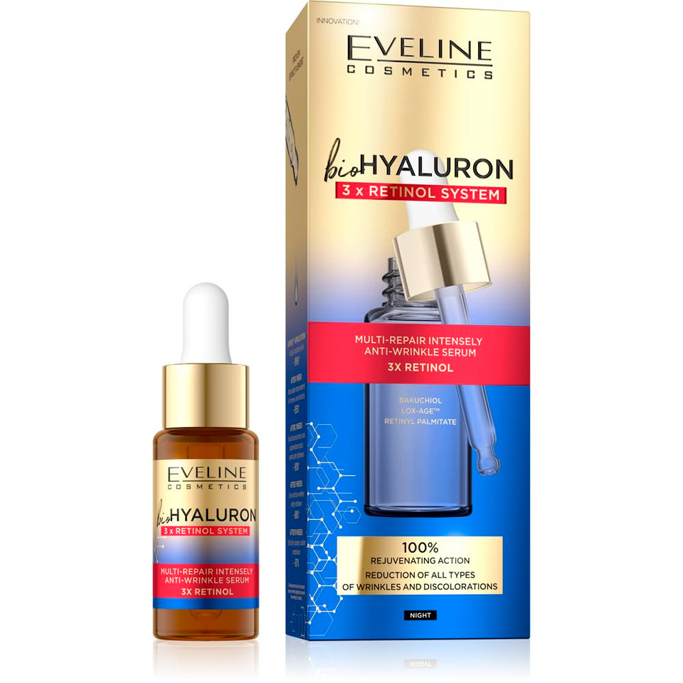 Eveline Cosmetics Biohyaluron 3Xretinol System  Multirepair Anti-Wrinkle Serum | Night Care | Vegan Formula