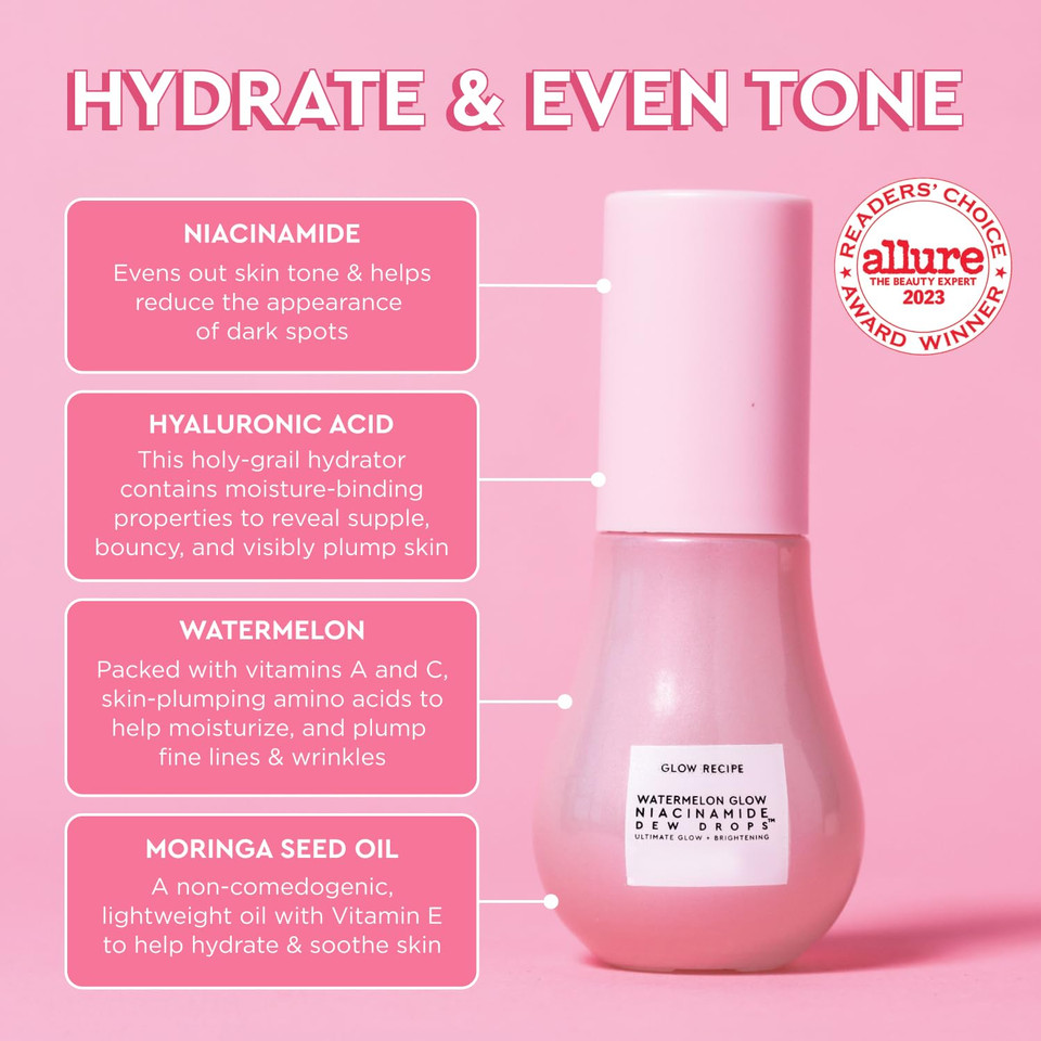 Glow Recipe Watermelon Niacinamide Dew Drops - Brightening, Plumping Hydrating Face Serum, Makeup Primer + Liquid Highlighter With Hyaluronic Acid - Dewy & Glowing Korean Skin Care (40Ml)