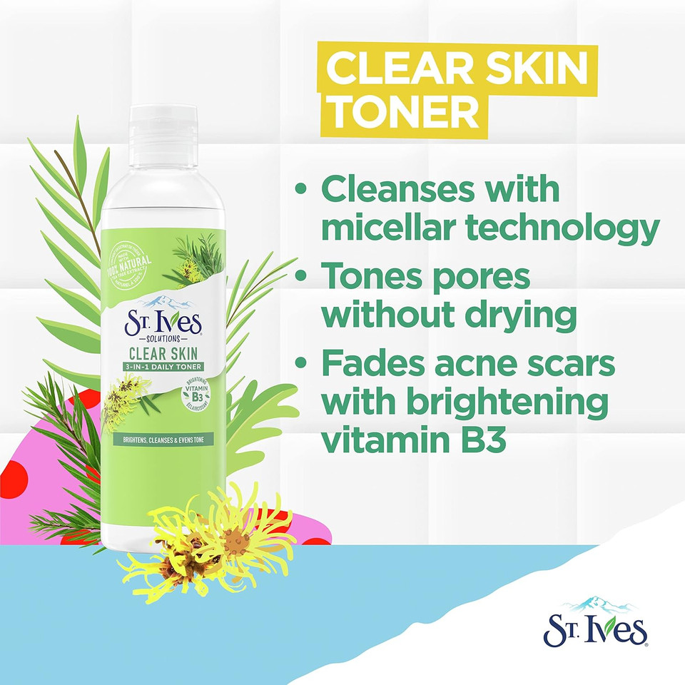 St.Ives Solutions 3-In-1 Face Toner For Combination To Oily And Acne Prone Skin Clear Skin Made With 100 Percent Natural Tea Tree Extract, Vitamin B3, Micellar Water Technology, And Witch Hazel 8.5 Oz