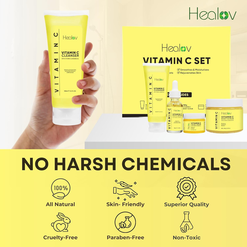 Vitamin C Skincare Set  Hydrating Facial Cleanser, Exfoliating Body Scrub, Face Cream & Anti Aging Serum  Vit C Reduces Dullness, Fine Lines, Wrinkles, Dark Circles  Travel Kit For Youthful Skin Vitamin C Skincare Set  Hydrating Facial Cleanser, Exfoliating Body Scrub, Face Cream & Anti Aging Serum  Vit C Reduces Dullness, Fine Lines, Wrinkles, Dark Circles  Travel Kit For Youthful Skin