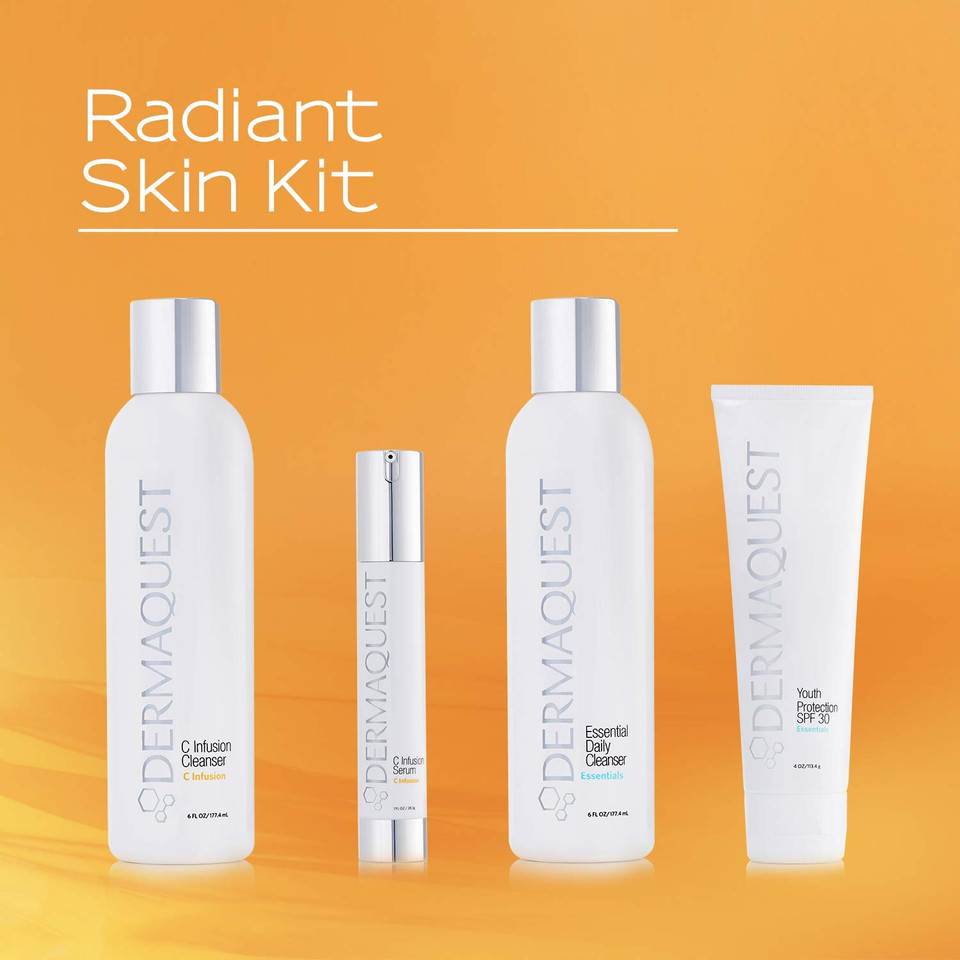 Dermaquest Radiant Skin Protective Anti Aging Facial Kit - Antioxidant Face Wash, Hyaluronic B5 Serum, Retinol Vitamin C Serum, Zinc Oxide Spf50 Sunscreen