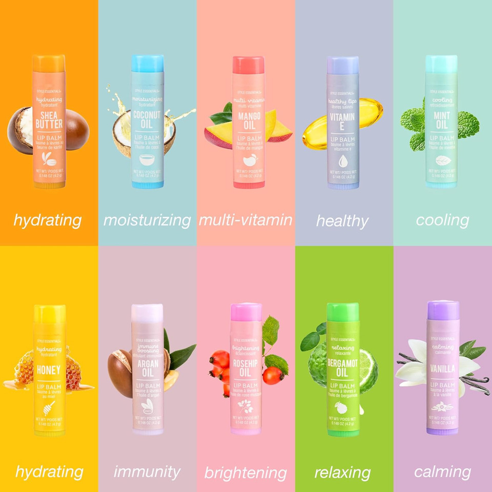 10Pc Fruity Lip Balm Collection - Hydrating Lip Balms Infused W/Fresh Fruity Flavors - Vitamin Enriched Nourishing Lip Balm Set