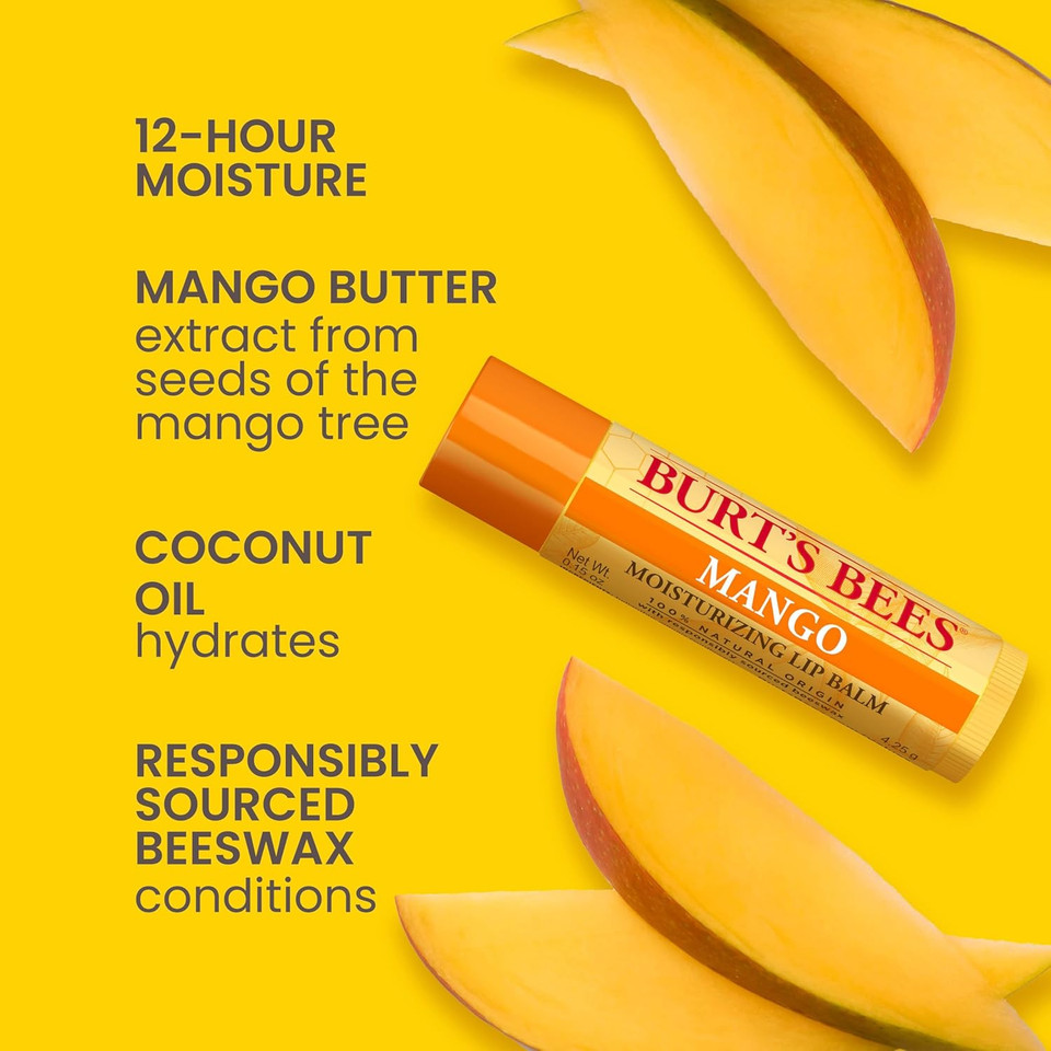 Burt'S Bees Lip Balm - Original Beeswax, Cucumber Mint, Watermelon & Sweet Mandarin, With Responsibly Sourced Beeswax, Tint-Free, Natural Origin Treatment, 4 Tubes, 0.15 Oz