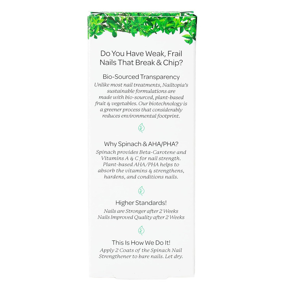 Nailtopia - Nail Strengthener - For Weak, Frail, Delicate Nails - Plant-Based, Non Toxic, Bio-Sourced, Nourishing & Hardening Superfood Treatment - Spinach Extract (Clear) - 0.41 Oz