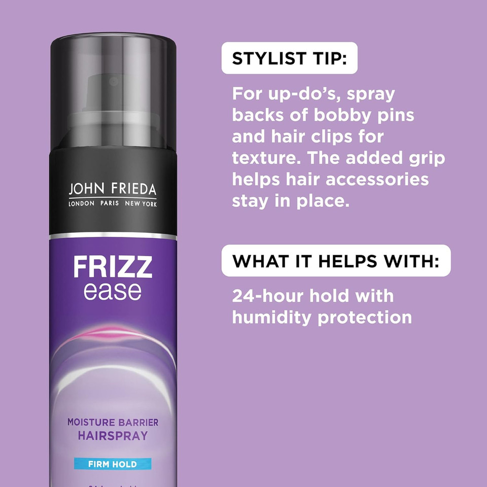 John Frieda Frizz Ease Moisture Barrier Hairspray, Firm Hold Hairspray, Seals Out Moisture, Blocks Frizz, Protects Against Heat, And Keeps Hair Straight With Long-Lasting Hold, 12 Oz