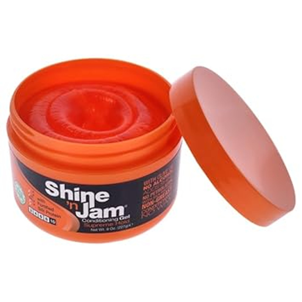 Ampro Shine-N-Jam Supreme Hold - Conditions Hair With Olive Oil And Silk Protein - Great For Smoothing Fringe, Ponytails, And Up-Dos - Firms Tresses With Non-Greasy Shine - 8 Oz