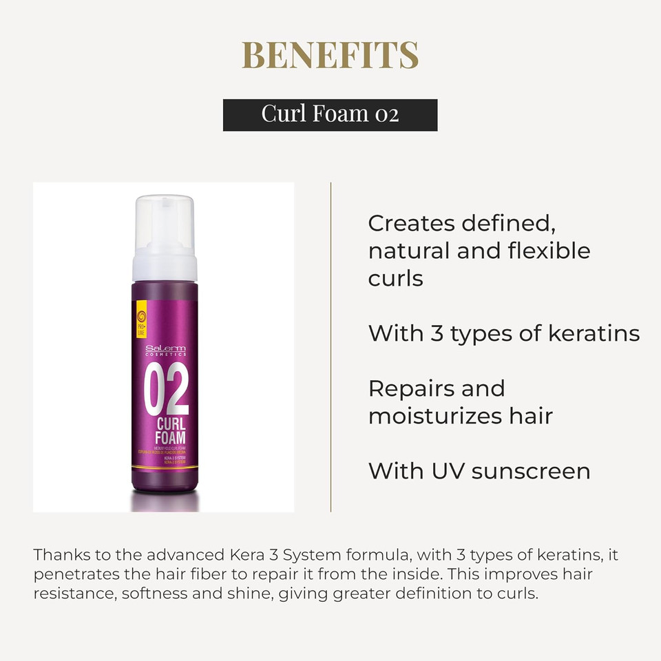 Salerm - Curly Hair Foam - Pro Line Curl Foam 02-200 Ml - Creates Defined, Natural, And Flexible Curls - With 3 Types Of Keratin - Repairs And Hydrates Hair - With Uv Sun Filter