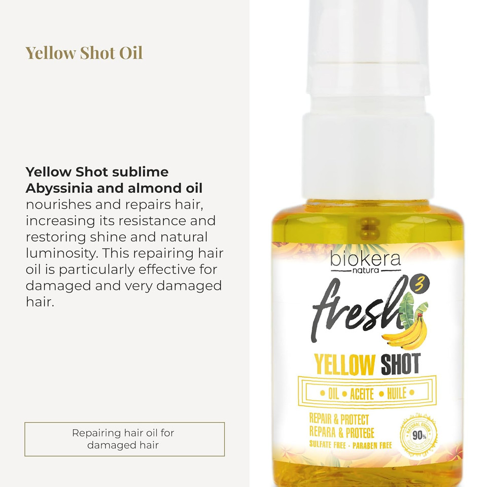 Salerm - Hair Oil - Biokera Fresh Yellow Shot Oil - 75 Ml - Abyssinian And Almond Oil - Nourishes, Repairs, And Protects Damaged Hair - Shinier Hair - Sulfate-Free And Paraben-Free