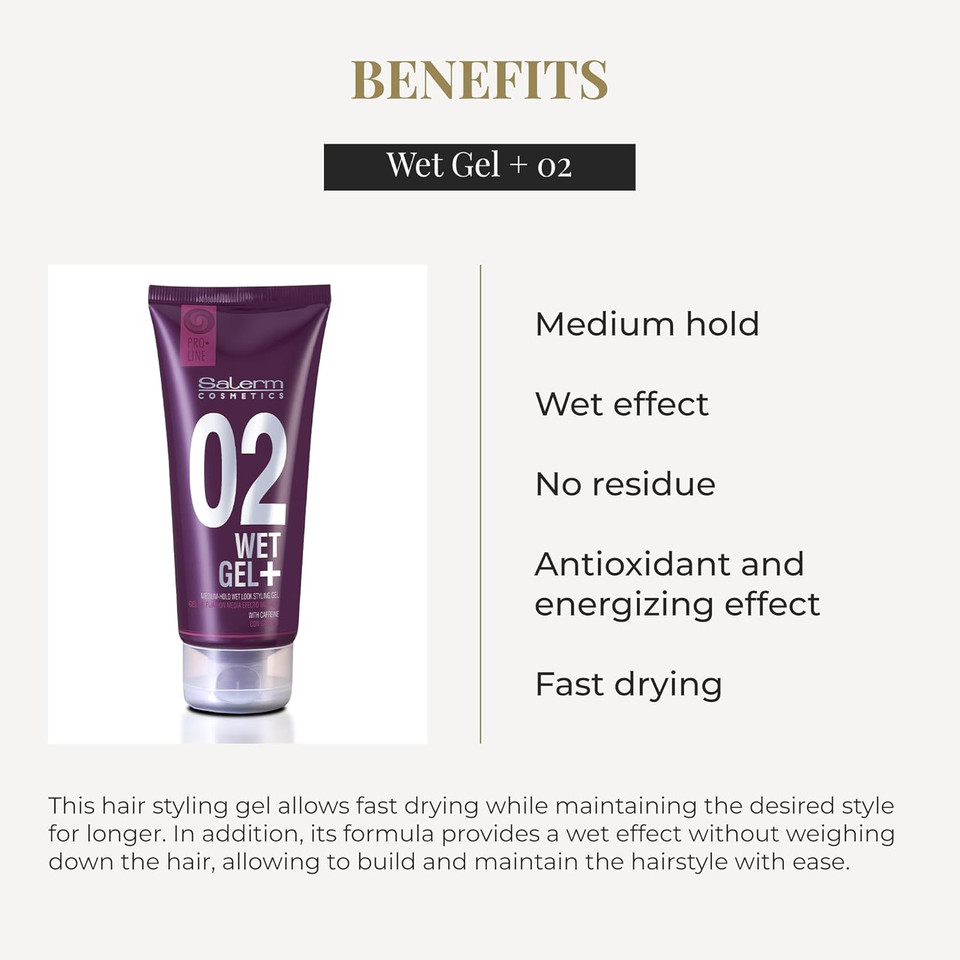 Salerm - Hair Styling Gel - Pro Line Wet Gel + 02-200 Ml - Medium Hold - Wet Effect - With Caffeine And Fixative Resins - Leaves No Residue - Antioxidant And Energizing Effect - Quick Drying