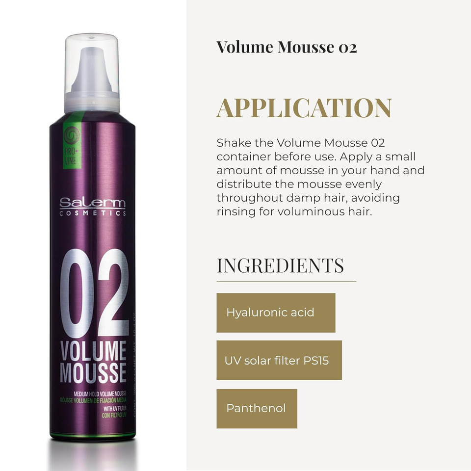 Salerm - Volume Mousse - Pro Line Volume Mousse - 405 Ml - For Fine Hair - With Hyaluronic Acid - Improves Hair Hydration And Elasticity - Preserves And Prolongs Color Duration