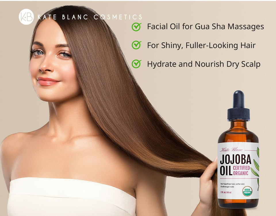 Kate Blanc Cosmetics Jojoba Oil For Hair, Face & Skin. Gua Sha Oil For Face Massage & Dermaplaning (2Oz, Organic, 100% Pure, Natural)