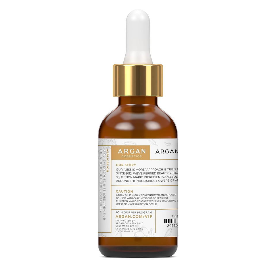 Argan Cosmetics 100% Pure Organic Moroccan Argan Oil For Hair, Skin, Nails, Cuticles, Face & Beards - Cold Pressed, Unscented - Filtered Through Cotton & Charcoal - All Natural Moisturizer - 2 Fl Oz