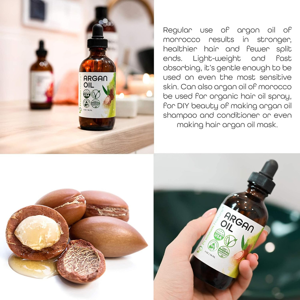 Premium Nature Argan Oil For Hair Virgin 100% Pure Cold Pressed Argon Oil Hair Serum For Hair Stimulate Growth For Dry And Damaged Hair Argan Oil For Skin Body Moisturizer Nails Protector 4 Oz