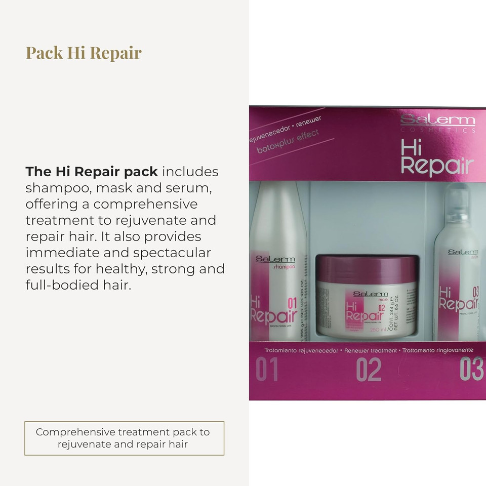 Salerm - Damaged Hair Repair Treatment - Hi Repair Pack With Shampoo 250 Ml + Mask 250 Ml + Finish 100 Ml - Deep Hydration For Damaged Hair - Revitalizes And Rejuvenates - Immediate Effect