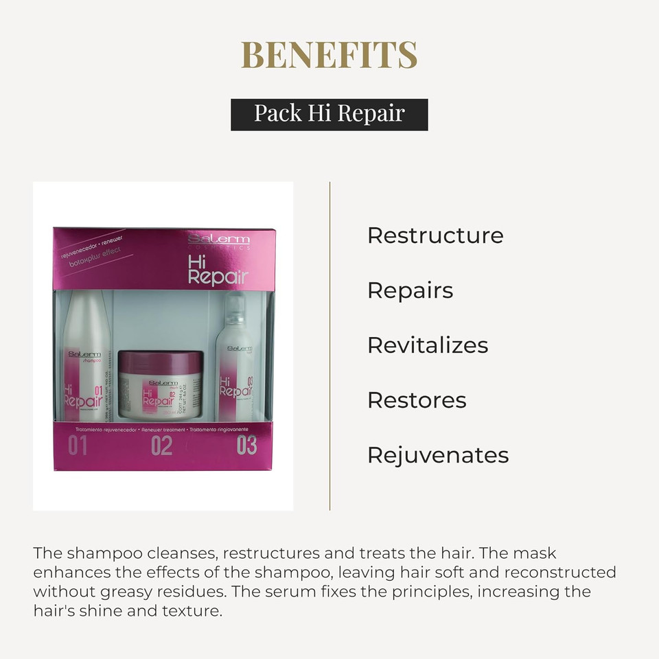 Salerm - Damaged Hair Repair Treatment - Hi Repair Pack With Shampoo 250 Ml + Mask 250 Ml + Finish 100 Ml - Deep Hydration For Damaged Hair - Revitalizes And Rejuvenates - Immediate Effect