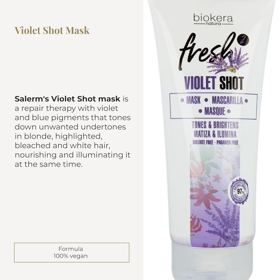 Salerm - Purple Mask - Biokera Fresh Violet Shot Mask - 200 Ml - For Blonde, Gray, Highlighted, Or Bleached Hair - Helps Neutralize Yellow Tones - Enhances Shine