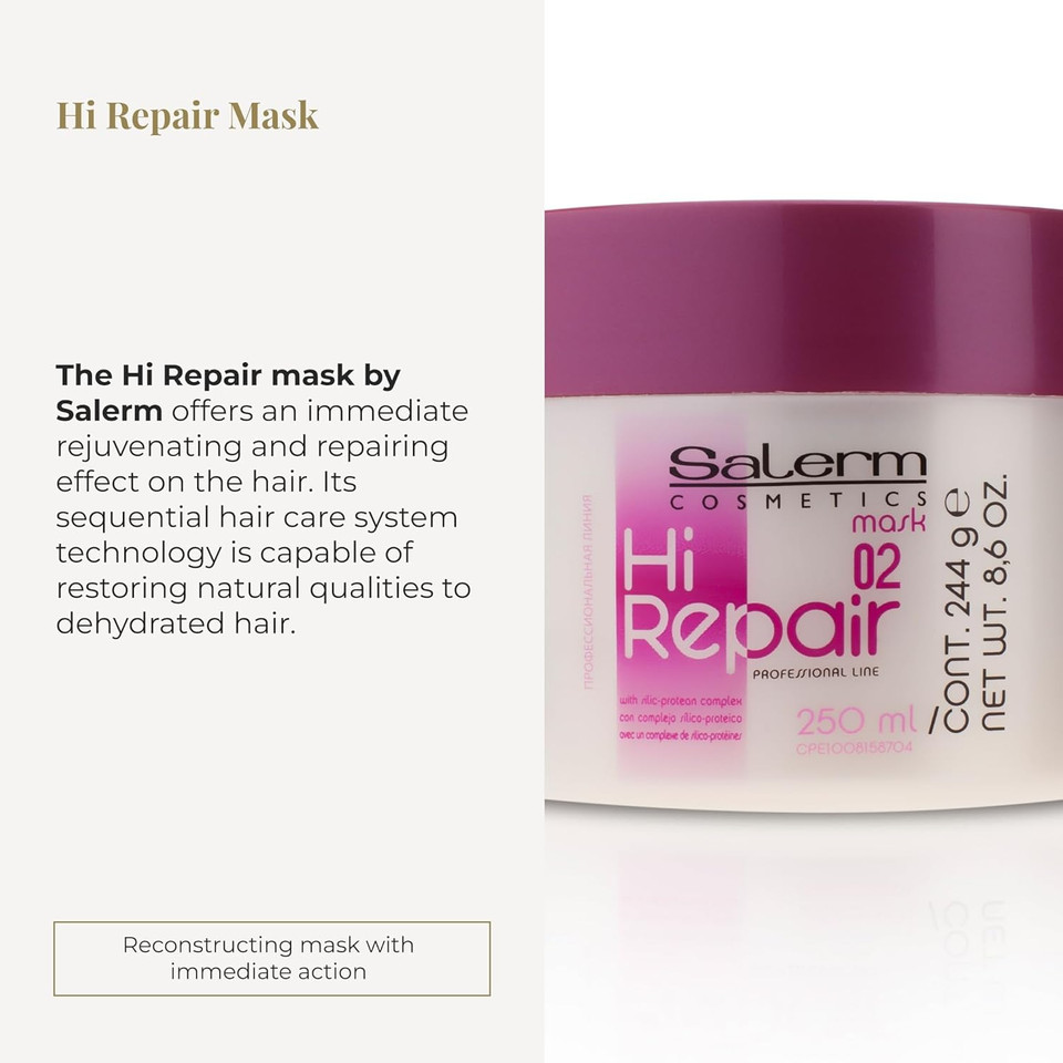 Salerm - Repairing Hair Mask - Hi Repair Mask 02-250 Ml - Deep Hydration For Damaged Hair - Repairs And Rejuvenates - Shinier And Softer Hair - Immediate Effect