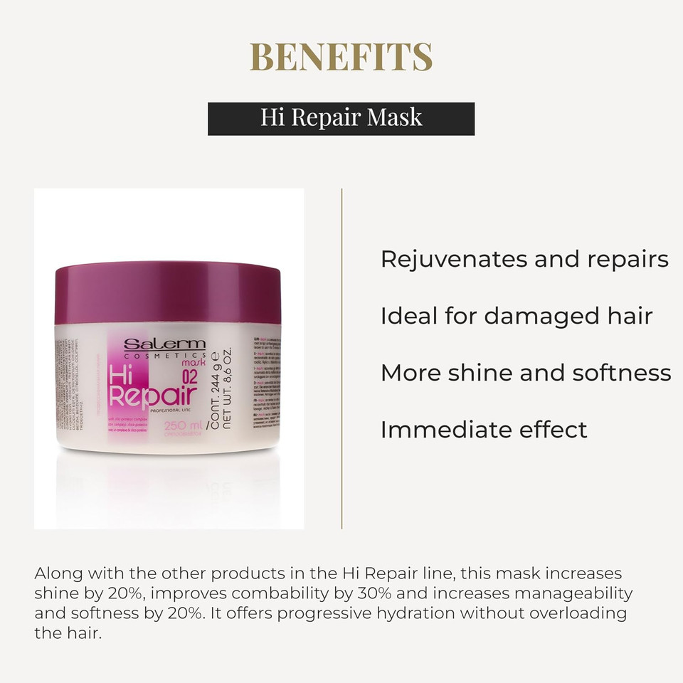 Salerm - Repairing Hair Mask - Hi Repair Mask 02-250 Ml - Deep Hydration For Damaged Hair - Repairs And Rejuvenates - Shinier And Softer Hair - Immediate Effect