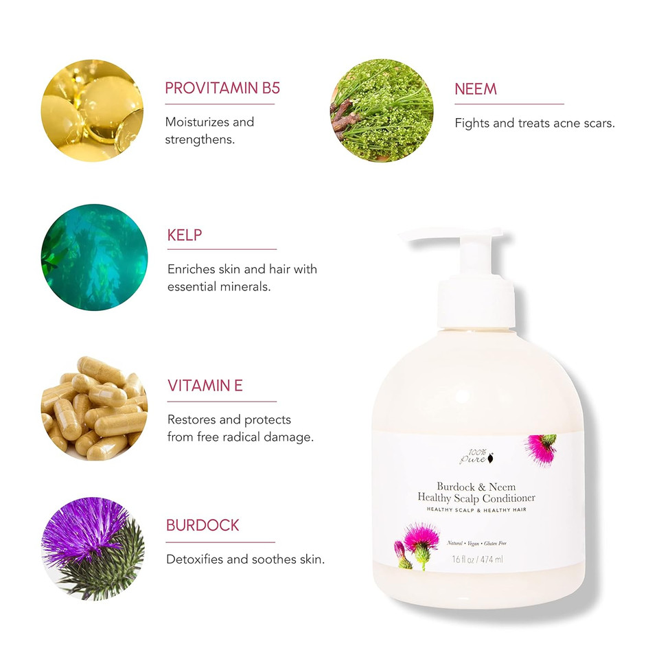 100% Pure Burdock And Neem Healthy Scalp Purifying Conditioner Moisturizing Detox For Dry, Damaged Hair With Kelp Replenishing Itchy, Flaky Scalp Hydration For Women & Men - 8 Fl Oz