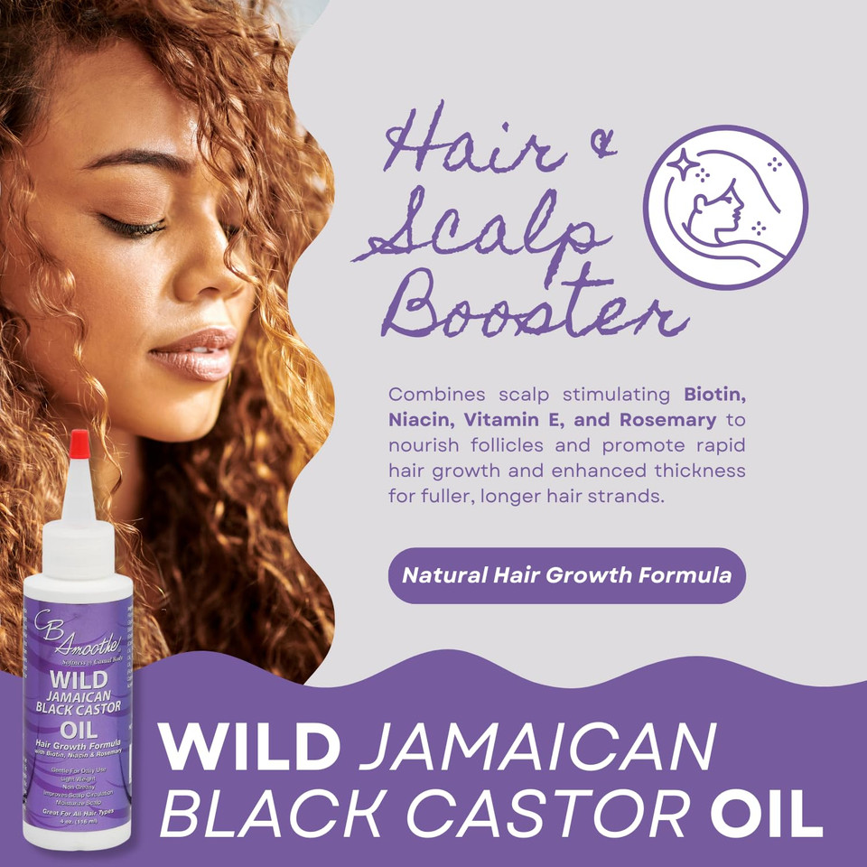 Cb Smoothe Wild Jamaican Black Castor Oil - Hair Growth Formula With Biotin, Niacin & Rosemary - Promotes Scalp Circulation & Natural Growth - Lightweight, Non Greasy Formula - 4Oz Bottle