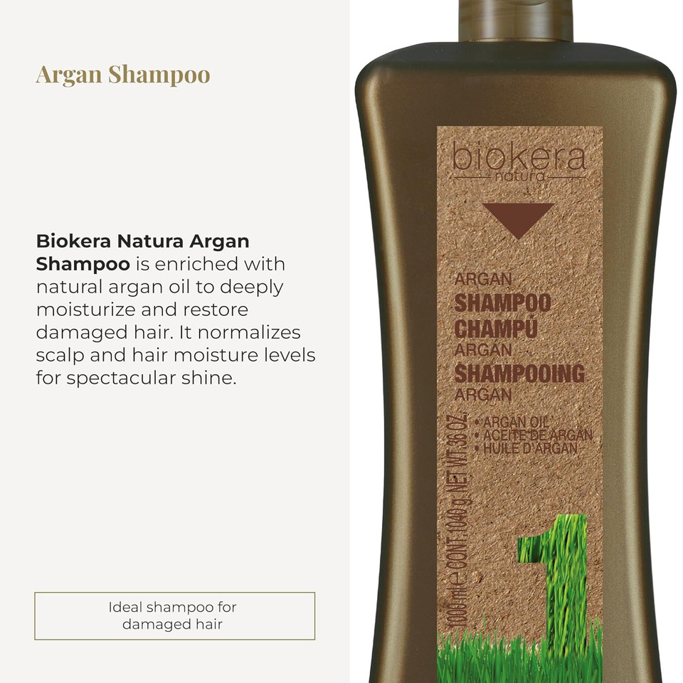 Salerm - Argan Shampoo Biokera Natura - 1000 Ml - For Damaged Hair - With Argan And Cotton Oil - Deep Hydration - Gentle And Effective Cleaning - Shiny Hair