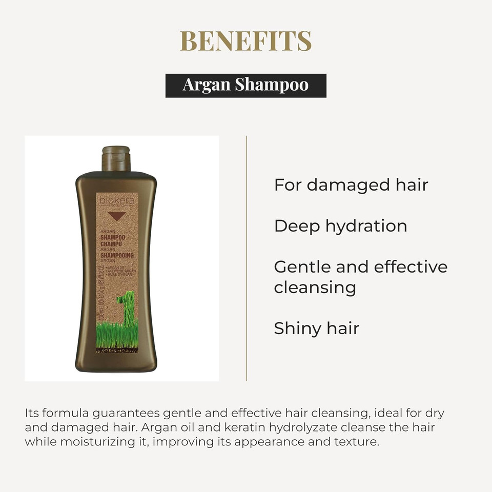 Salerm - Argan Shampoo Biokera Natura - 1000 Ml - For Damaged Hair - With Argan And Cotton Oil - Deep Hydration - Gentle And Effective Cleaning - Shiny Hair