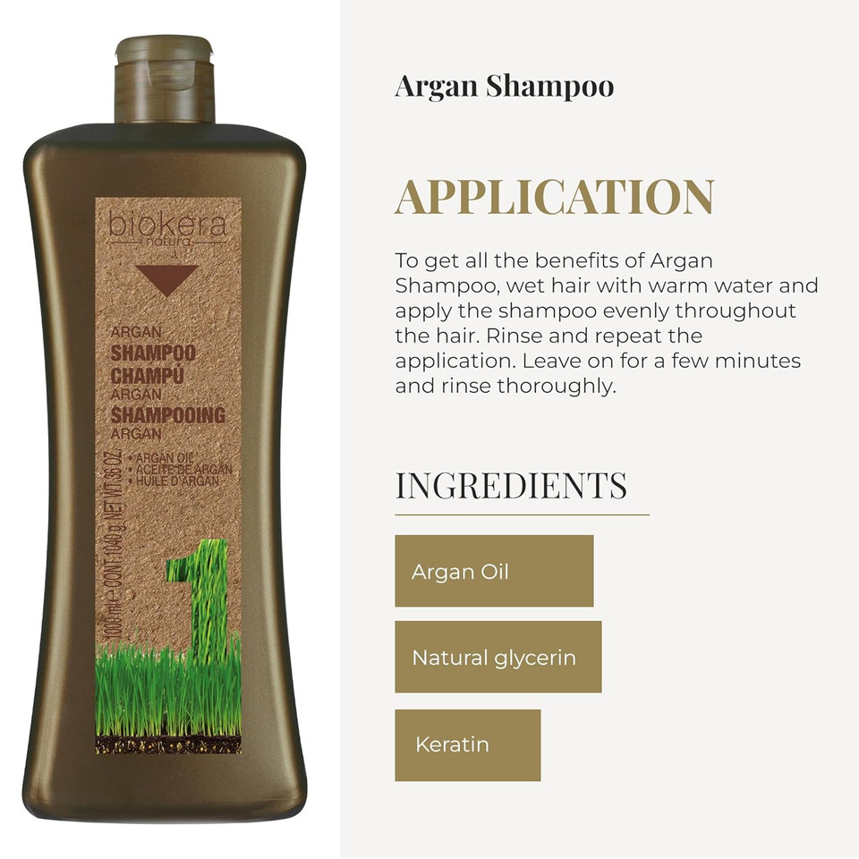 Salerm - Argan Shampoo Biokera Natura - 1000 Ml - For Damaged Hair - With Argan And Cotton Oil - Deep Hydration - Gentle And Effective Cleaning - Shiny Hair