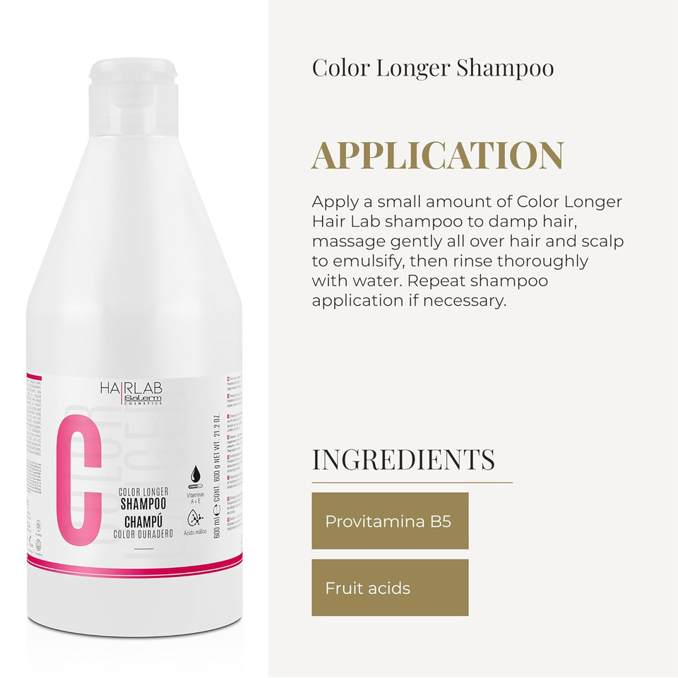 Salerm - Dyed, Bleached, Or Gray Hair Shampoo - Shampoo Color Longer Hair Lab - 600 Ml - With Provitamin B5 And Vitamins A And E - Seals And Maintains Color - Sulfate And Paraben-Free