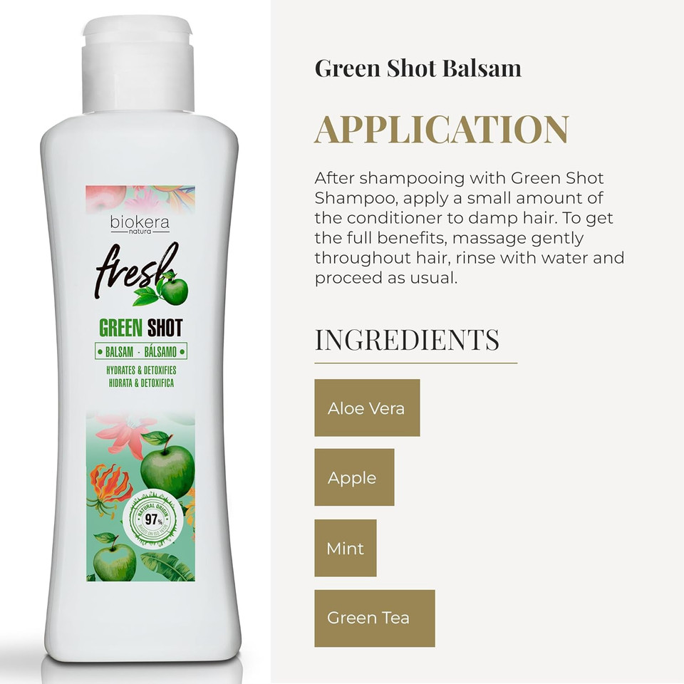 Salerm - Hair Conditioner - Green Shot Balm Biokera Fresh - 300 Ml - With Apple, Green Tea, Mint, And Aloe Vera - Hydrates And Refresh The Scalp - Sulfate And Paraben-Free - Vegan
