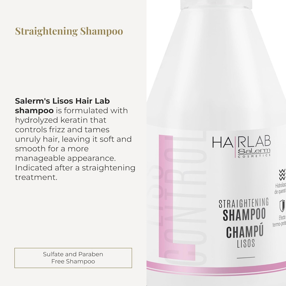 Salerm - Keratin Shampoo - Lisos Hair Lab Shampoo - 300 Ml - Controls Hair Frizz - Smooth And Straight Hair - With Heat Protector - Eases Styling - Sulfate-Free And Paraben-Free Shampoo