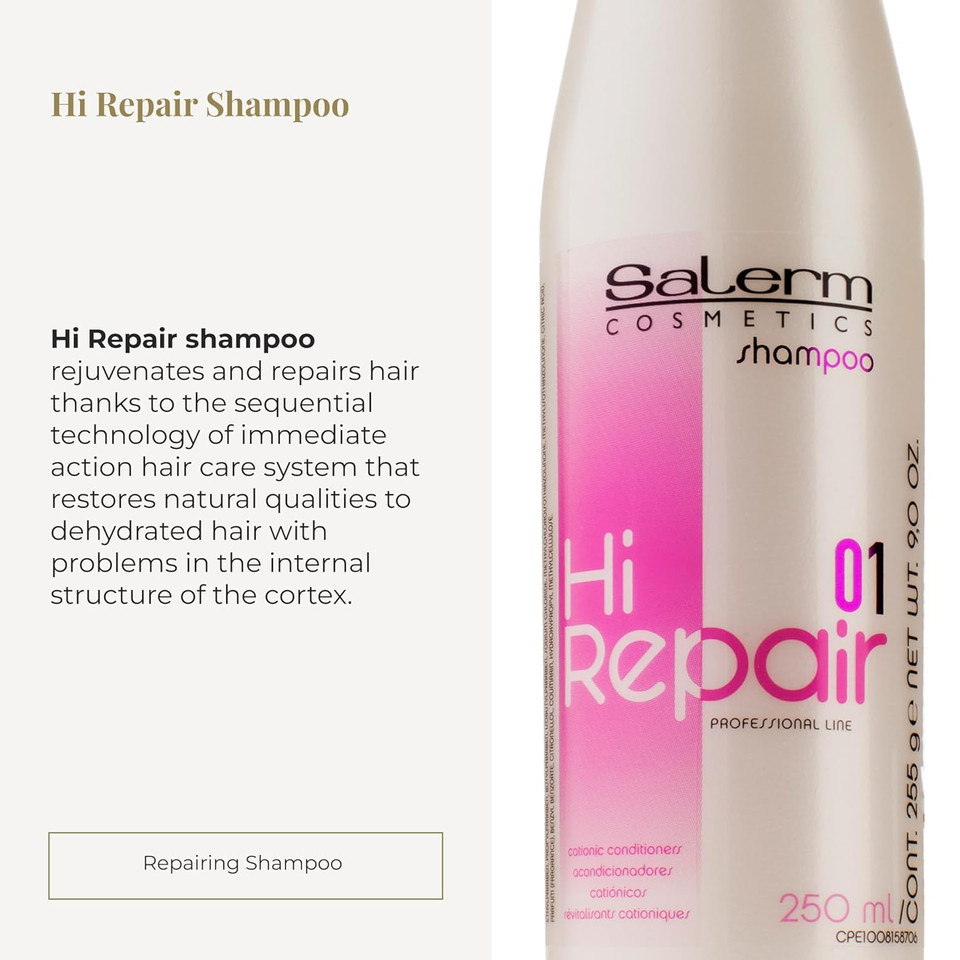 Salerm - Repair Shampoo - Hi Repair Shampoo - 250 Ml - Deep Hydration For Damaged Hair - Repairs And Rejuvenates - Shinier And Softer Hair - Immediate Effect