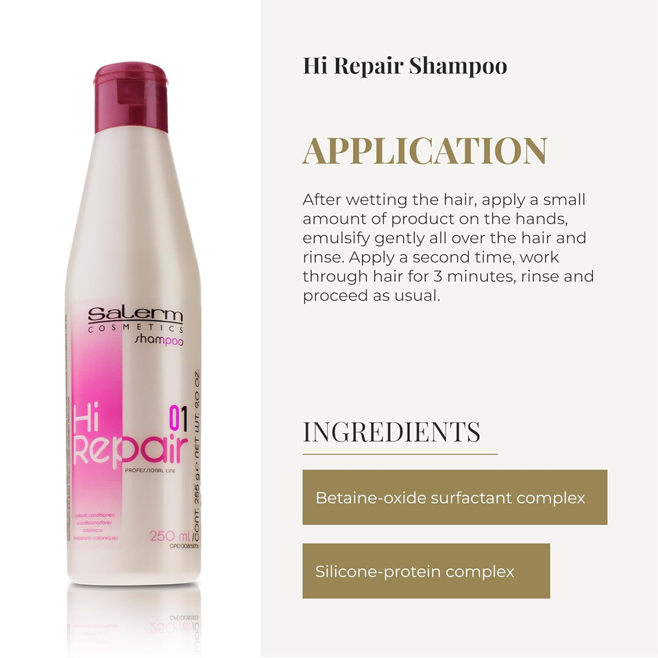 Salerm - Repair Shampoo - Hi Repair Shampoo - 250 Ml - Deep Hydration For Damaged Hair - Repairs And Rejuvenates - Shinier And Softer Hair - Immediate Effect