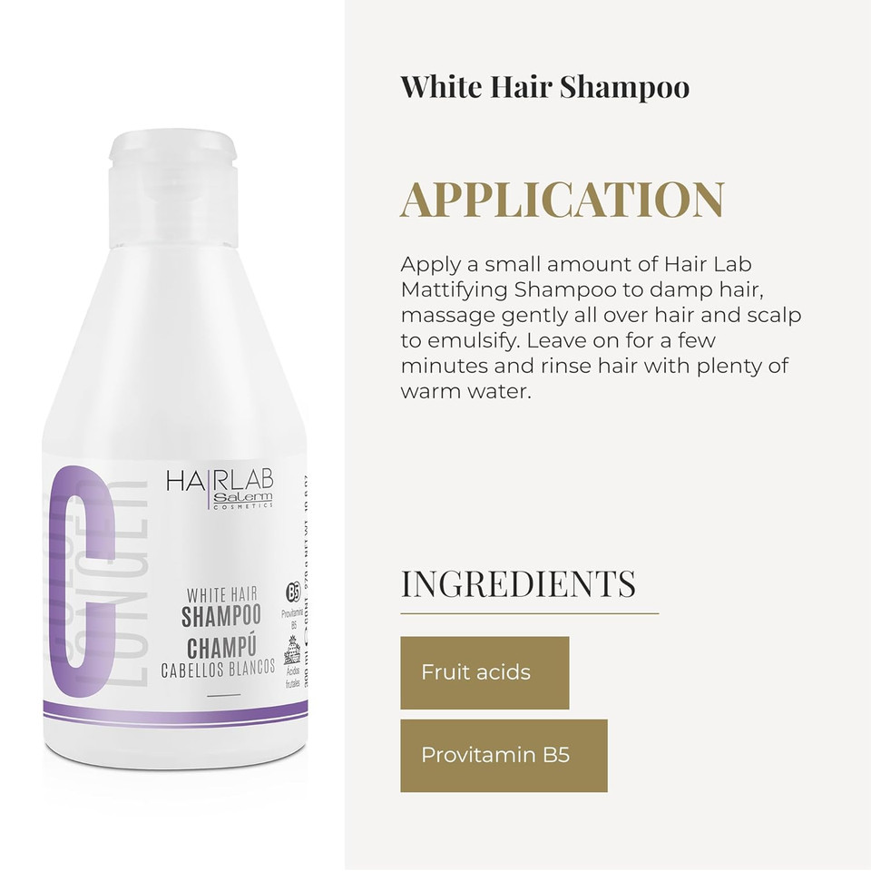 Salerm - Shampoo For White And Bleached Hair - White Hair Lab Shampoo - 300 Ml - Eliminates Yellow Tones - Adds Brightness To Gray And Blonde Hair - Paraben-Free