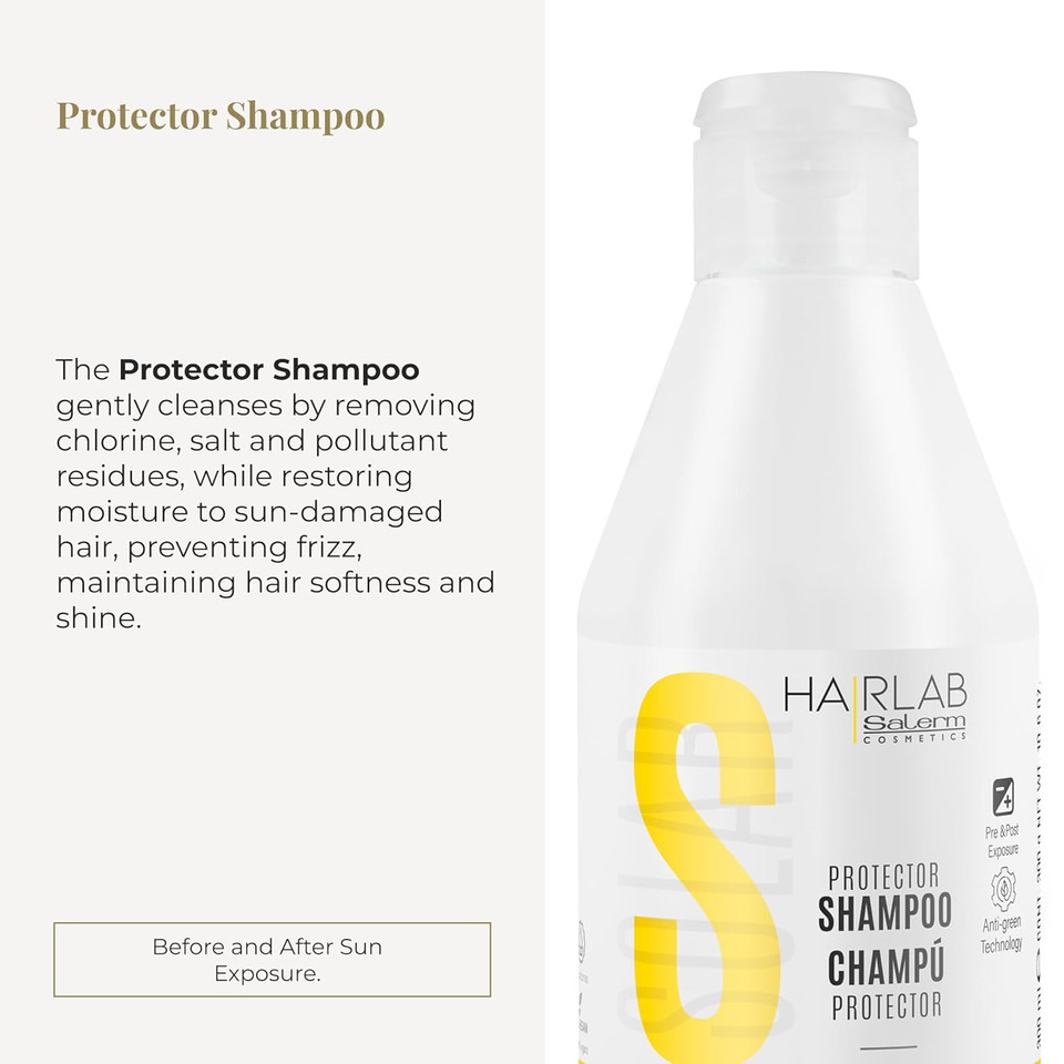 Salerm - Solar Shampoo - Hair Lab Solar Protective Shampoo - 300 Ml - Gently Cleanses - For Before And After Sun Exposure - Anti-Green Formula - Hydrates Hair - Anti-Frizz