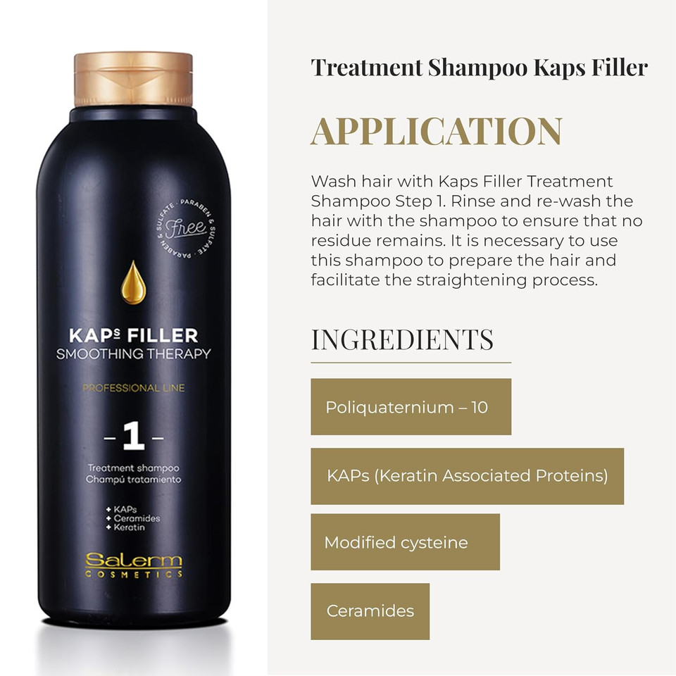 Salerm - Sulfate And Paraben-Free Shampoo - Kaps Filler Treatment Shampoo - 500 Ml - Maintains Straightening Results For Longer - Gentle Cleaning - With Ceramides And Keratin