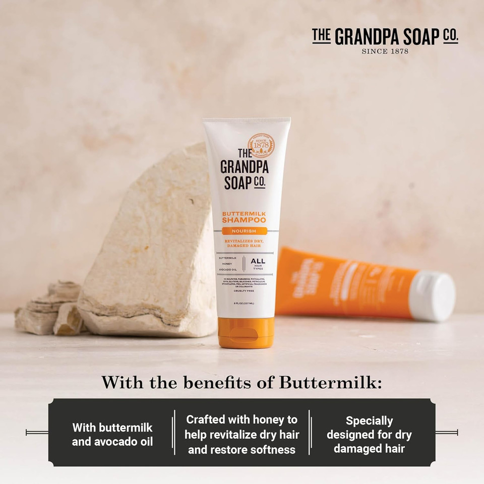 The Grandpa Soap Company Buttermilk Shampoo - Nourishing Formula To Help Revitalize Dry And Damaged Hair, With Honey & Avocado Oil, Vegan, Sulfates And Parabens Free, 8 Fl Oz