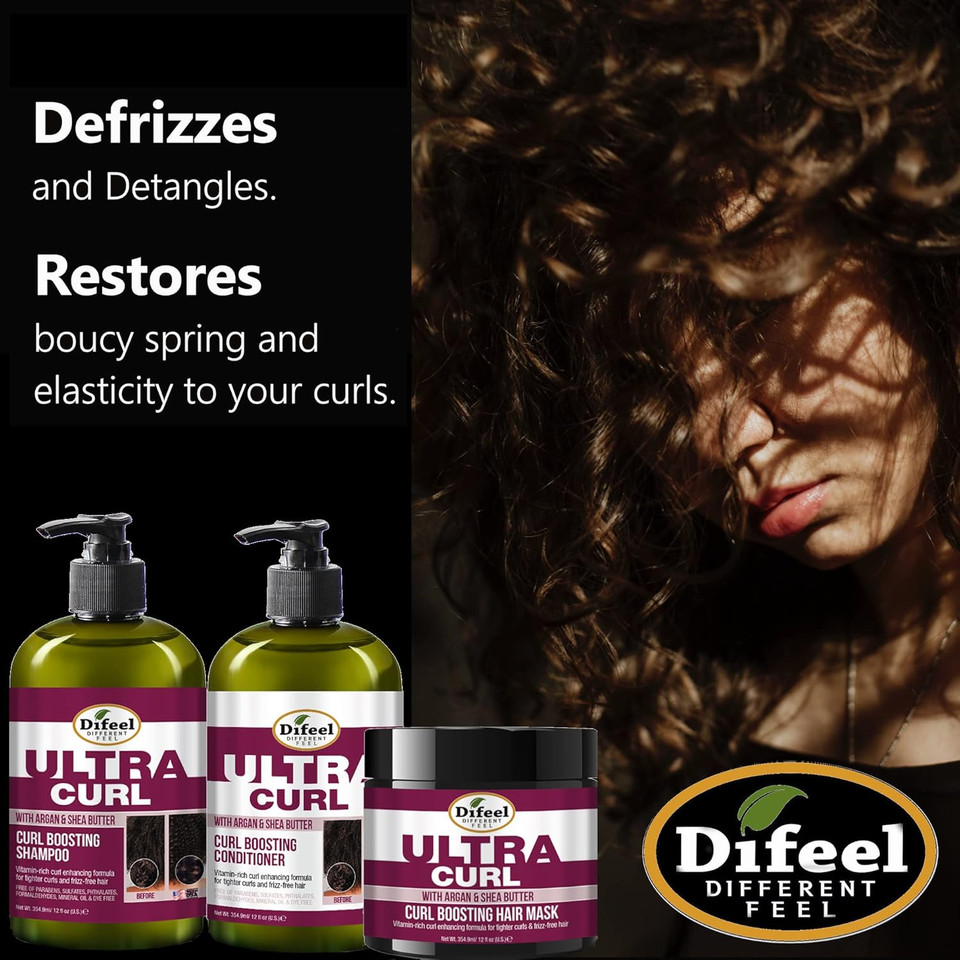 Difeel Ultra Curl 3-Pc Curl Enhancing Hair Care Set : Ultra Curl Shampoo 12 Oz, Conditioner 12 Oz & Hair Mask 12 Oz Set