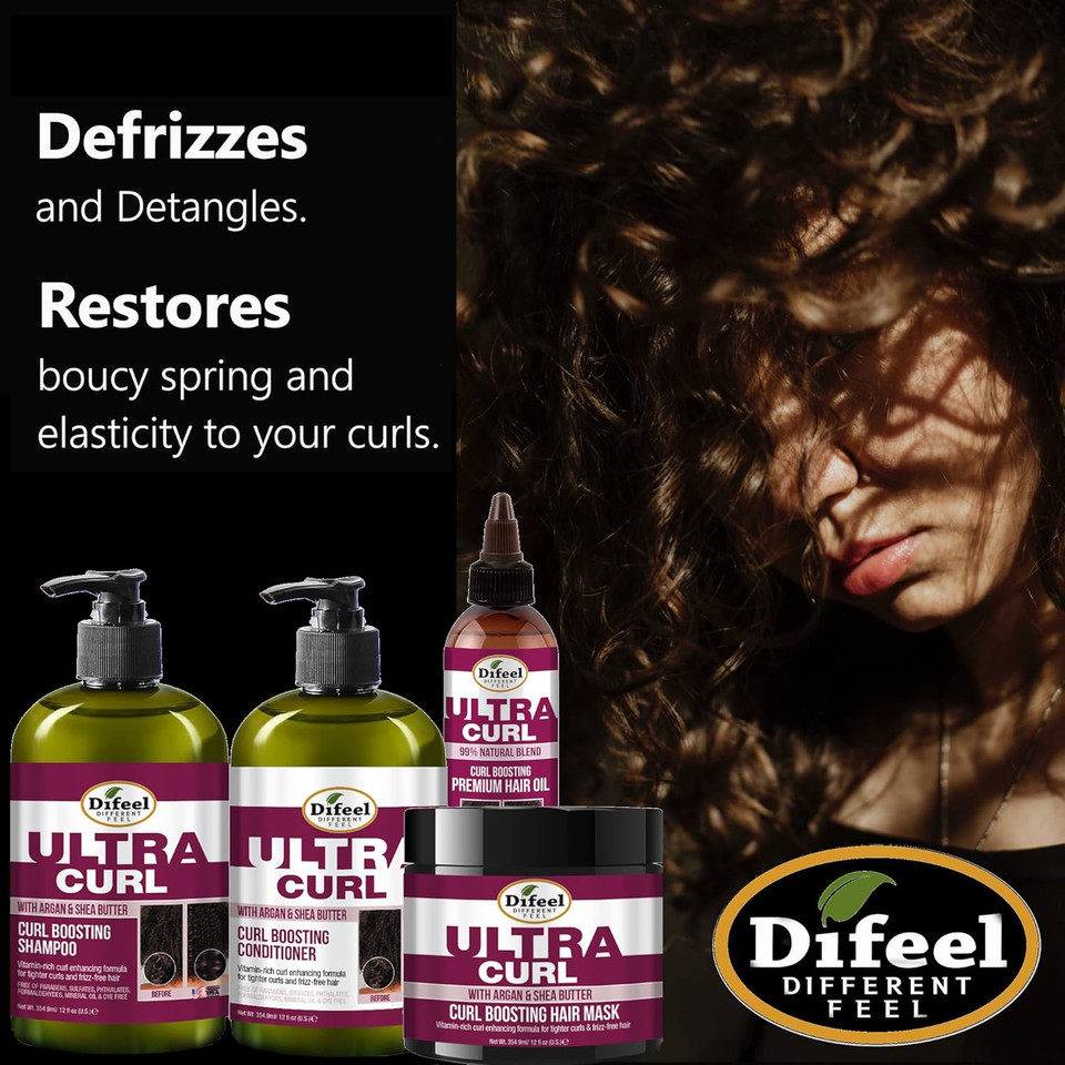 Difeel Ultra Curl 4-Pc Hair Care Gift Set: 12Oz Curl Enhancing Shampoo, 12Oz Conditioner, 12Oz Mask & 2.5Oz Oil