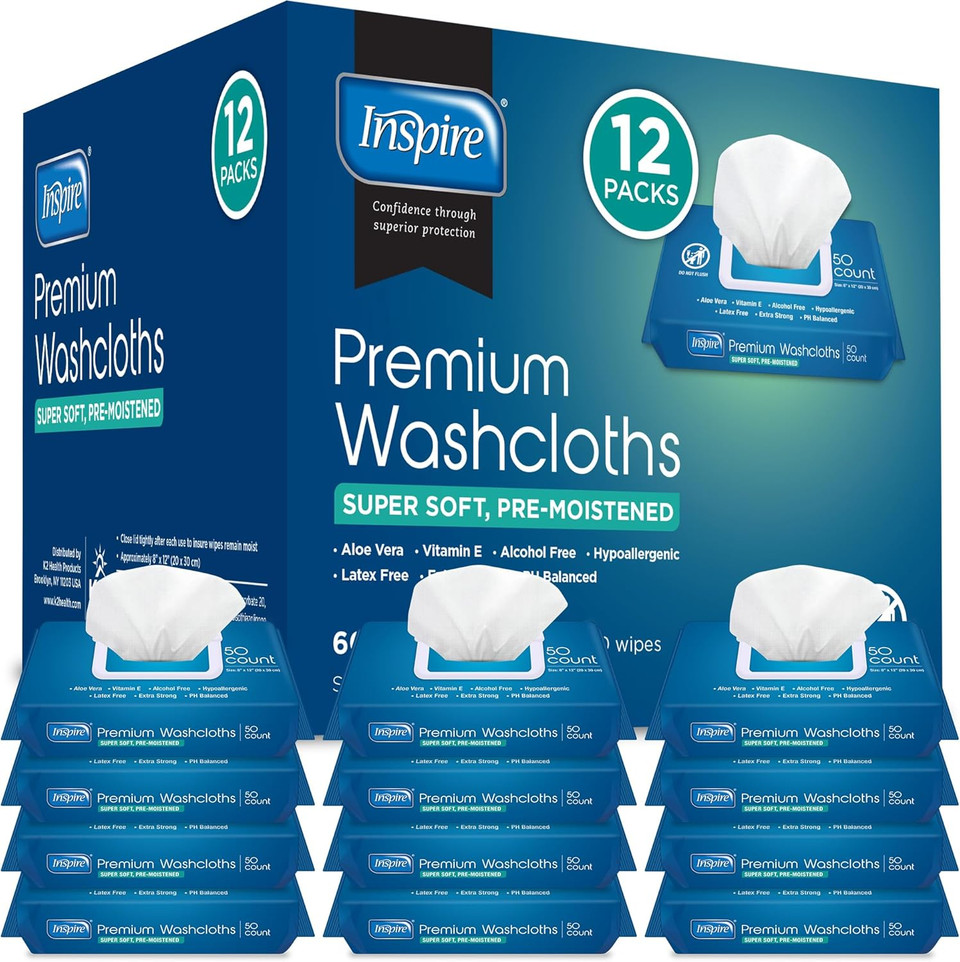 Inspire Adult Wet Wipes, Wash Cloths | Adult Wipes For Incontinence & Cleansing For Elderly, 8"X12" Count 12 Packs Of 50 Inspire Adult Wet Wipes, Wash Cloths | Adult Wipes For Incontinence & Cleansing For Elderly, 8"X12" Count 12 Packs Of 50