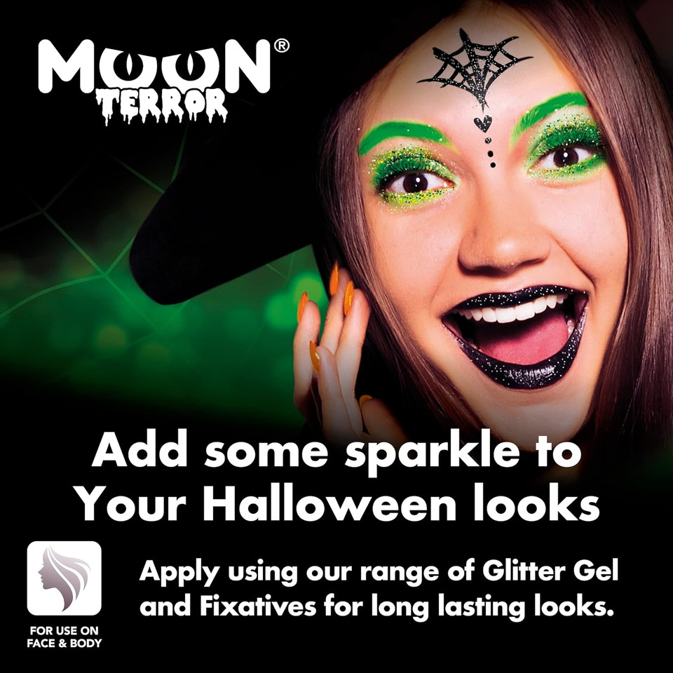 Halloween Glitter Shakers By Moon Terror - Midnight Black - Sfx Make Up, Festival Glitter For Face Body Hair, Special Effects Make Up - 0.17G