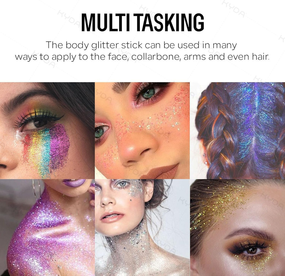 Kyda Body Glitter Stick, Chunky Glitter Gel For Face Body Hair, Sparkling Holographic Mermaid Sequins Paint, Waterproof Multiuse Makeup Glitter Gel, Pink